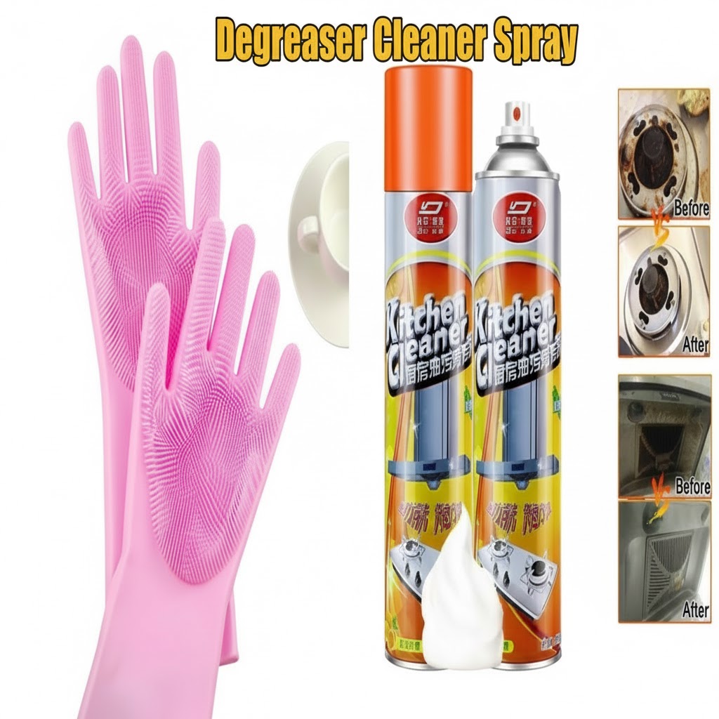 Kitchen Oil Stain Cleaner 550ml Kitchen Cleaner Foam Cleaning Spray &Silicone Hand Gloves Comb